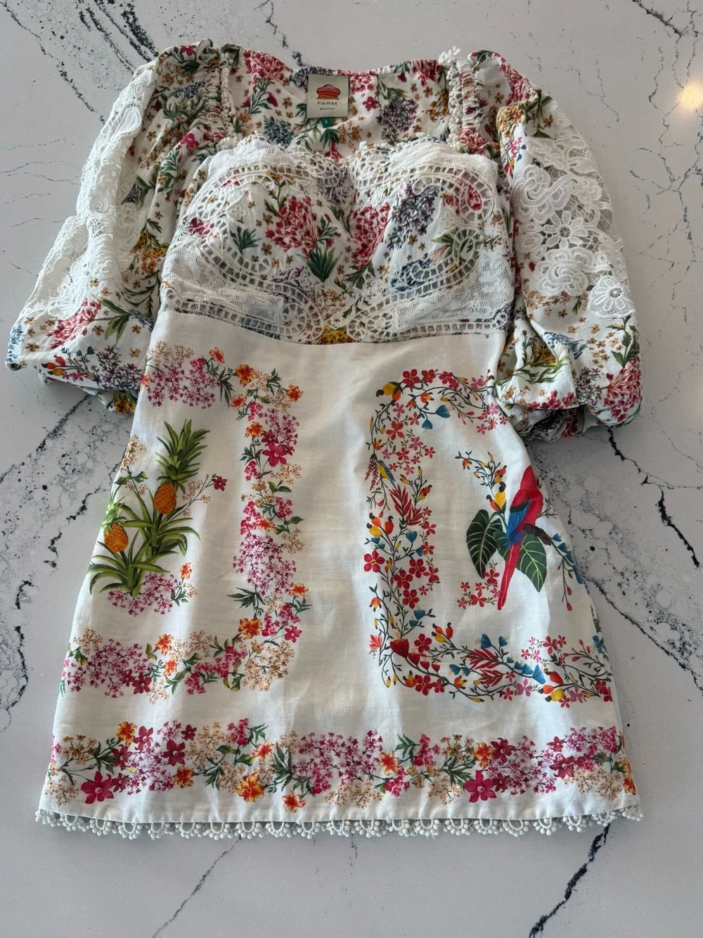 FARM Rio RARE White Floral Lace Dress with Multicolor Tropical Print Size Small